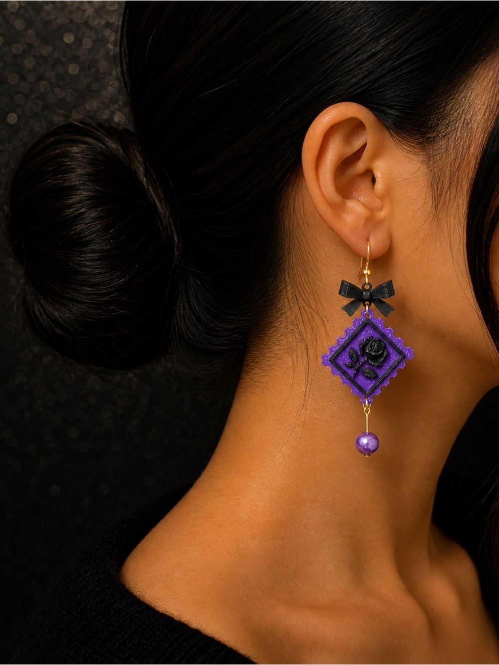 Purple & Black Rose Stamp Earrings with Bow & Pearl Drop - Picture 2 of 4